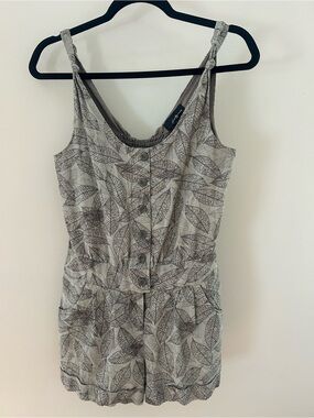 Linen Taupe and Cream Leaf Print Romper